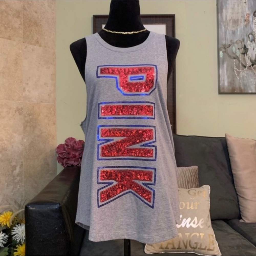 Victorias Secret PINK NWT Gray Sleeveless “USA” Sequin Muscle Tank XS - Picture 6 of 10
